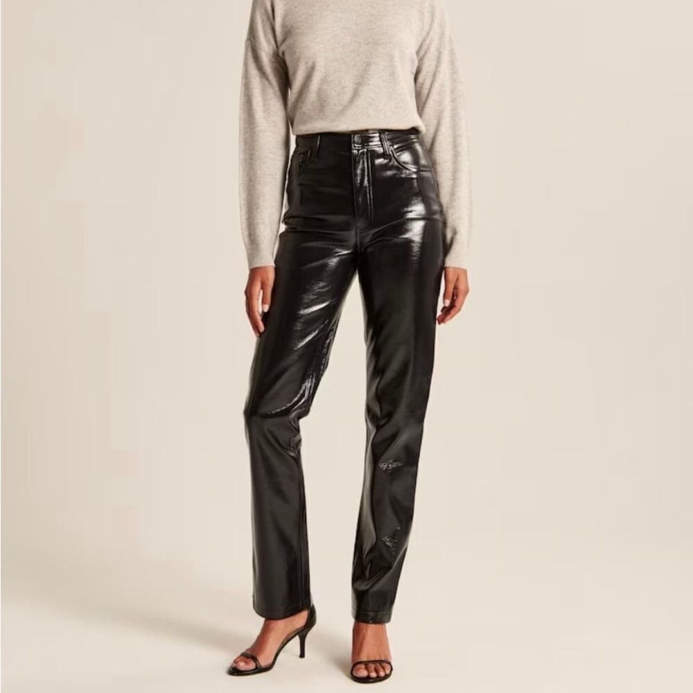 NWT Abercrombie & Fitch‎ Black Straight High Rise Patent Leather Pants Size 27
